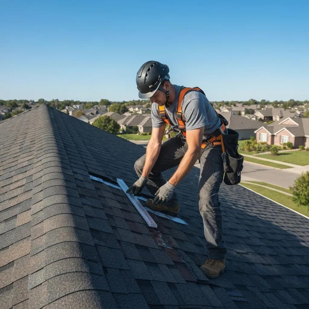 A skilled roofer carefully examining a home's roof, equipped with safety gear A skilled roofer carefully examining a home's roof, equipped with safety gear