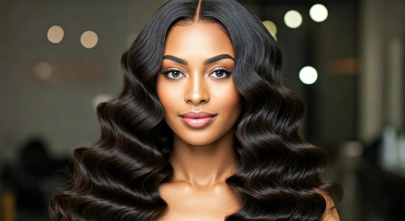 Woman with styled hand-sewn hair extensions showcasing natural movement