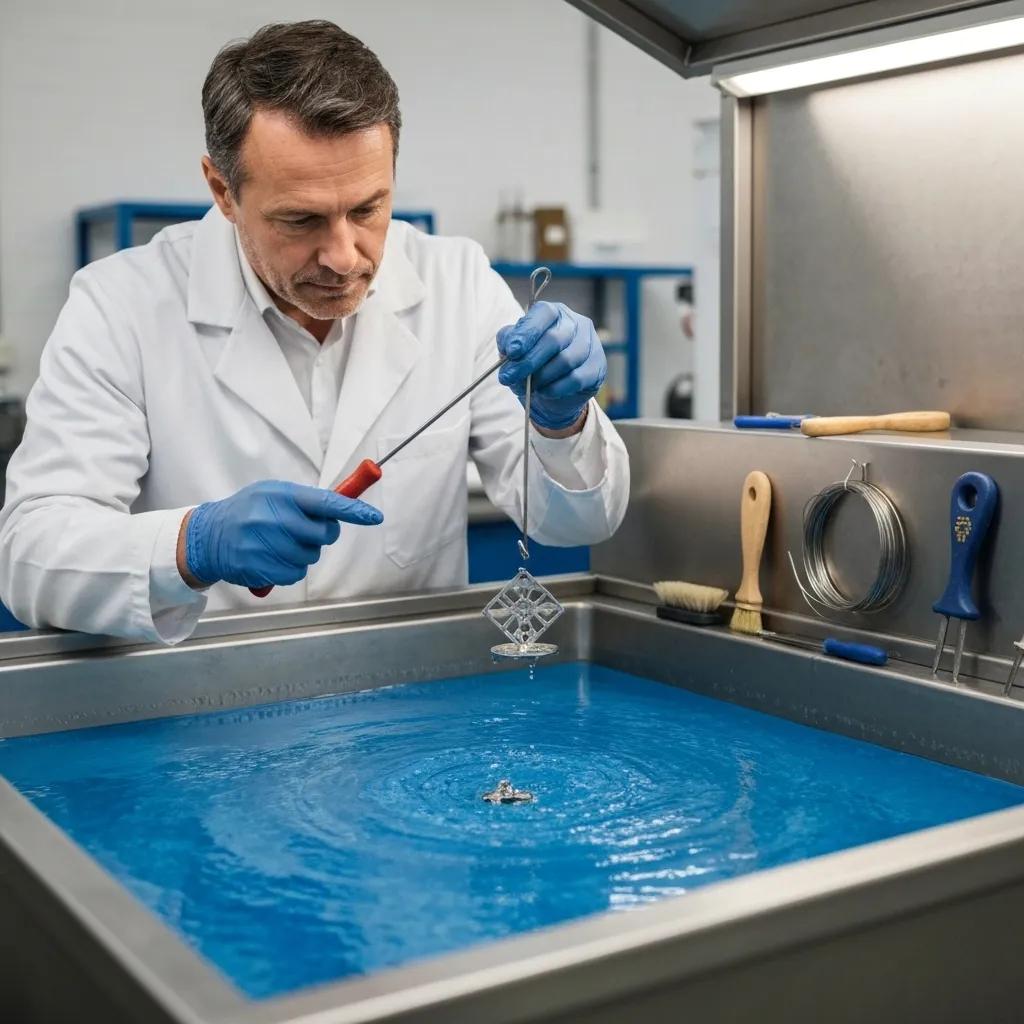 A skilled technician meticulously performing the electroplating process within a professional workshop