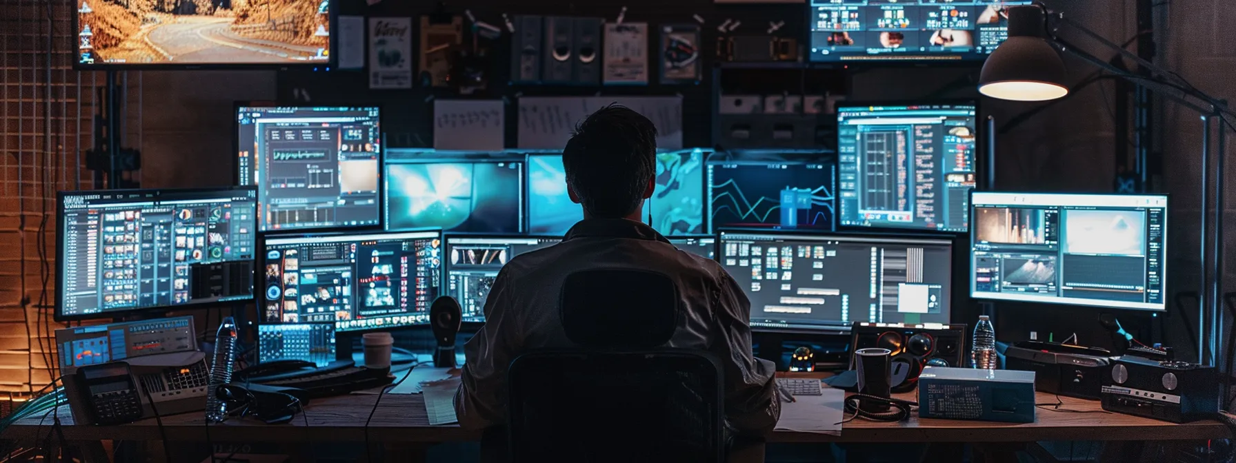 a person sitting at a desk, surrounded by screens and devices, but with a clear, empty space in the middle for focus and reflection.