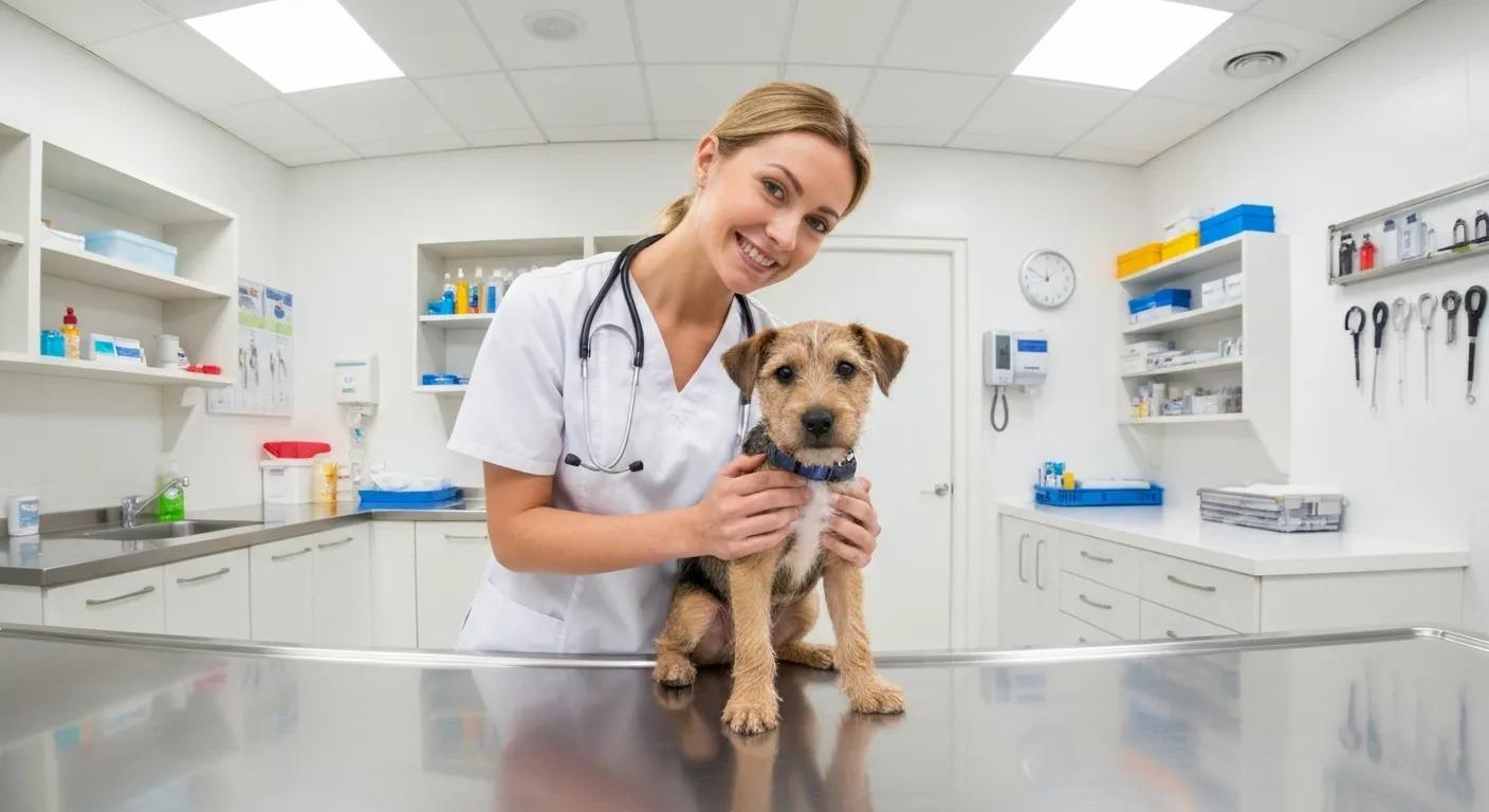 A veterinarian gently examining a healthy puppy in a professional clinic setting