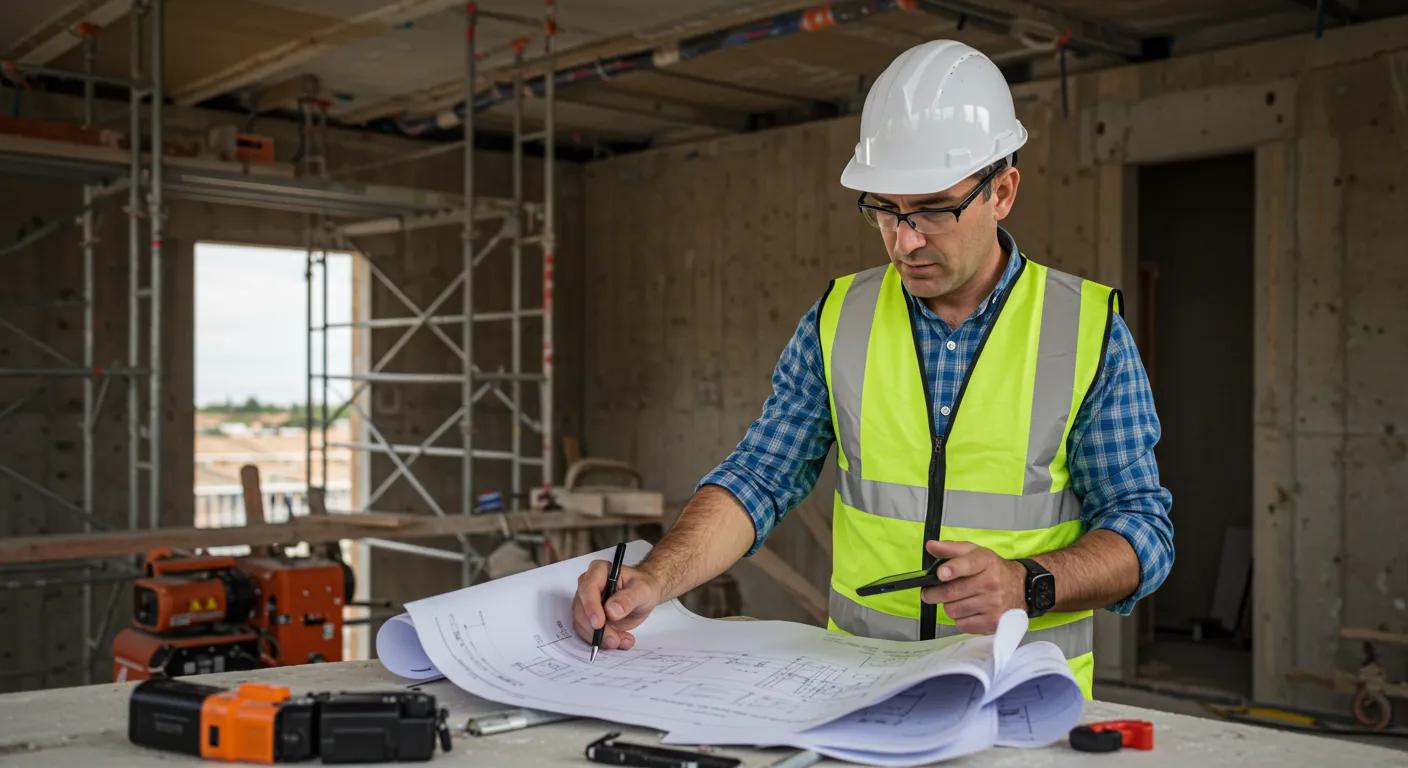 a focused view of a construction site featuring an inspector reviewing blueprints next to a partially built structure, with scaffolding and various tools in the background, highlighting the local inspection process for new builds.