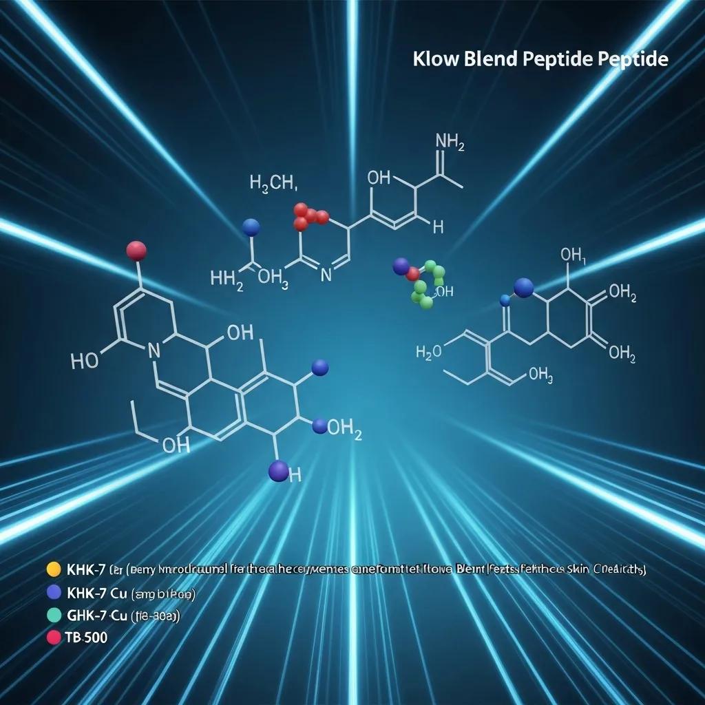 Colorful molecular structures of GHK-Cu, BPC-157, TB-500, and KPV representing Klow Blend Peptide