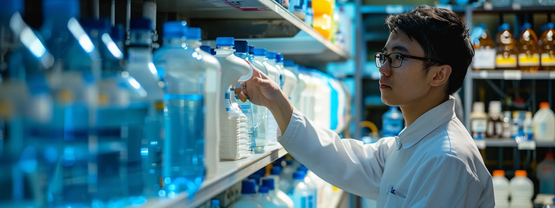 a person carefully selecting a high-quality dechlorinator from a shelf lined with various water treatment products.