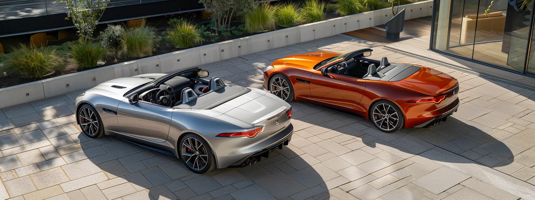 a sleek, top-down convertible from a luxury brand parked next to a pre-owned option, showcasing the price comparison and import tariff impact.