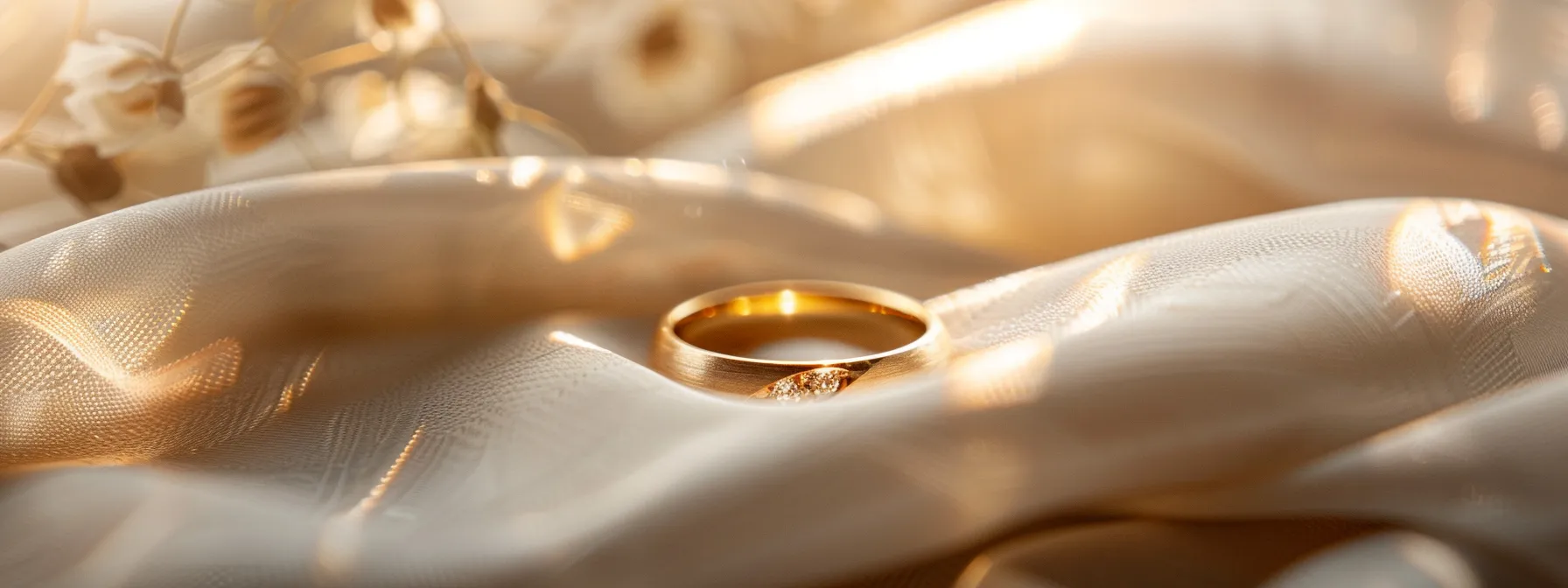 a sparkling gold wedding band nestled on a white satin pillow, reflecting elegance and timeless beauty.