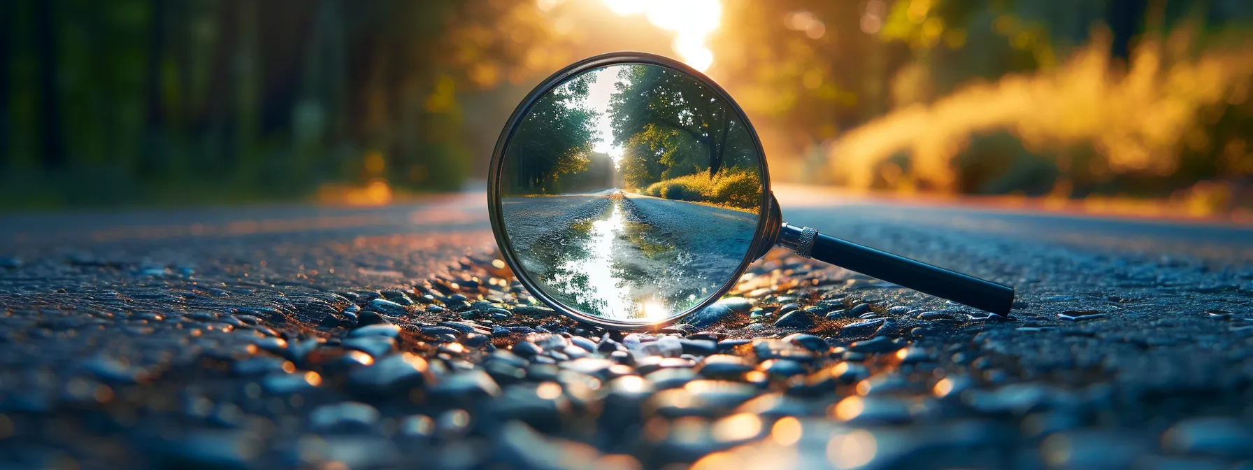 a magnifying glass hovering over two clear paths leading in opposite directions, symbolizing the choice between holistic and traditional seo strategies for businesses.