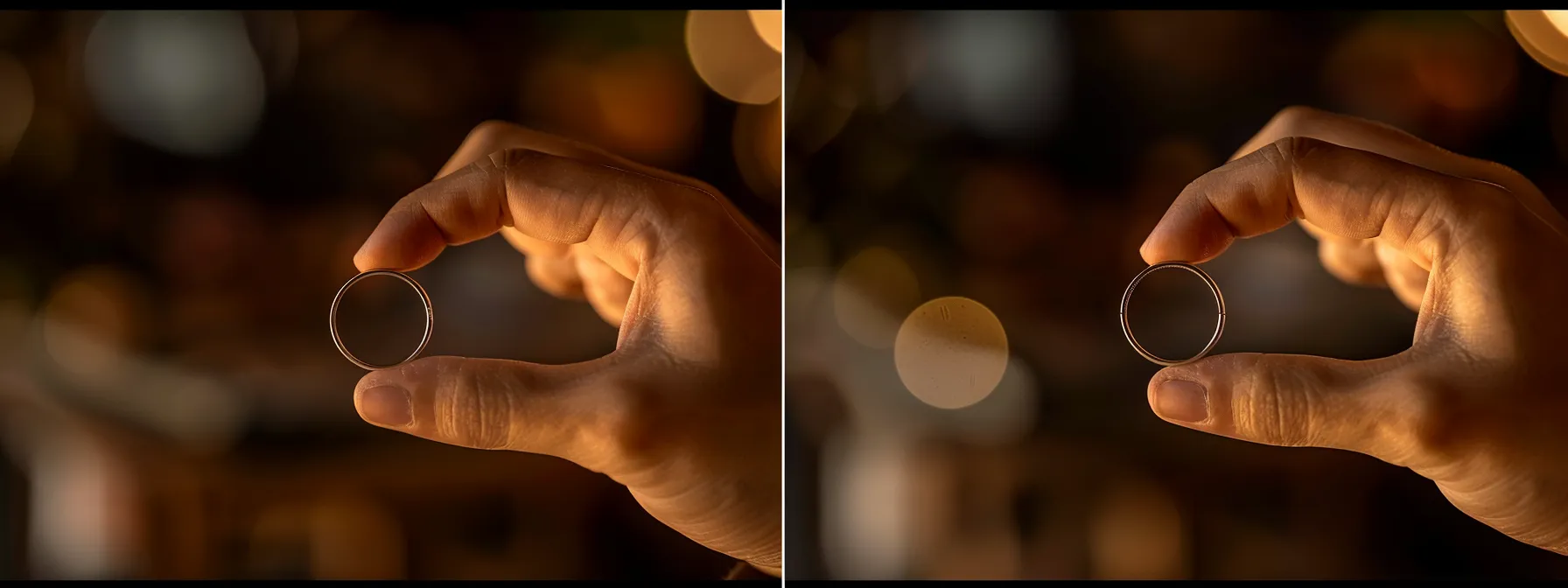 a person comparing two different ring sizes on their finger.