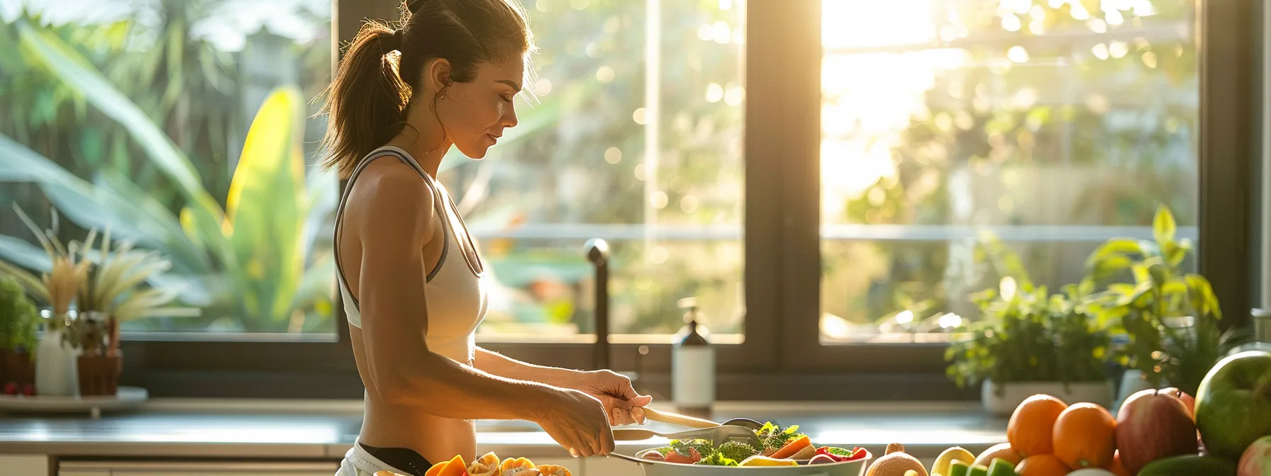 a slim individual engaged in a balanced workout routine and healthy meal preparation in a bright, airy kitchen.