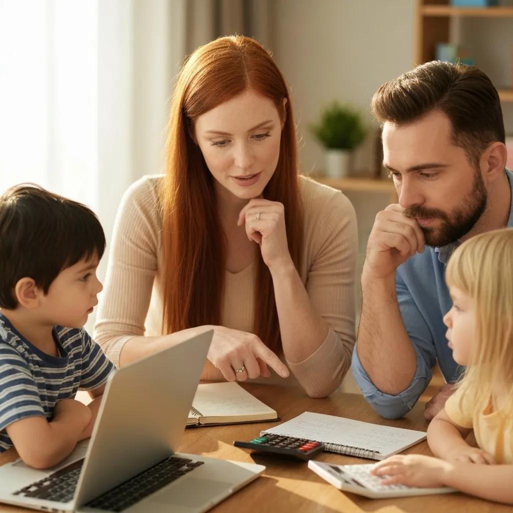A family sitting together at a table, looking at papers and discussing ways to manage the costs of ABA therapy