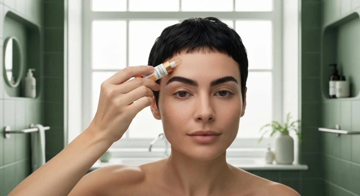 Person applying nourishing brow oil to laminated brows in a calming bathroom setting, highlighting aftercare importance
