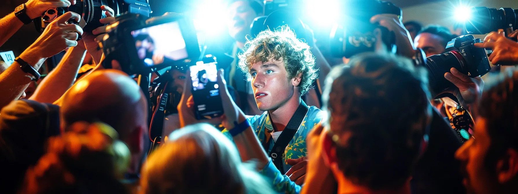 logan paul surrounded by flashing cameras and reporters, facing the fallout of his leaked private content.