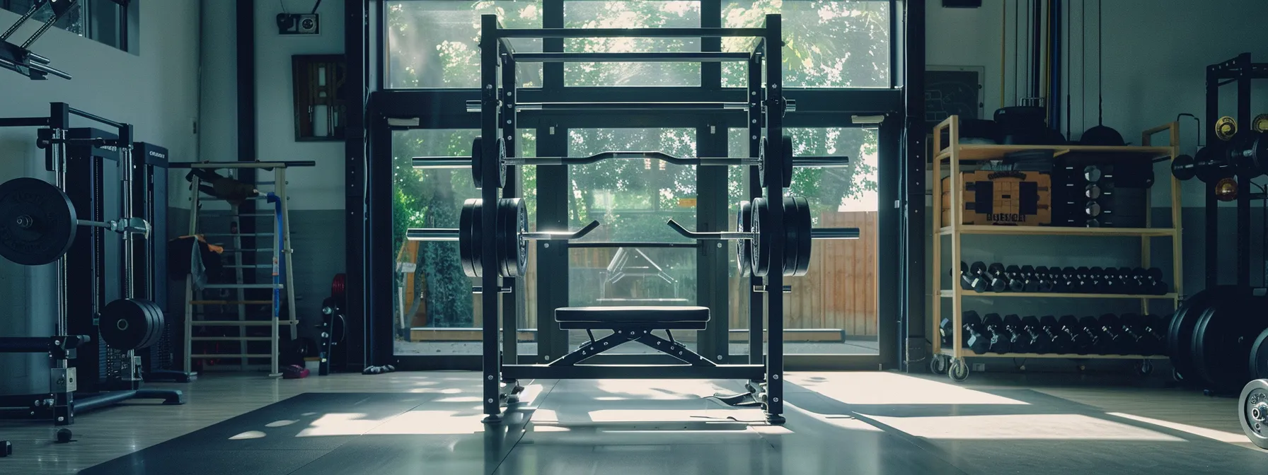 a person performing compound exercises with weight racks in a studio.