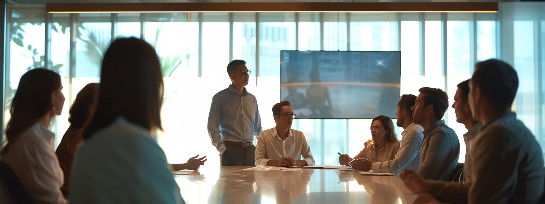 a group of coworkers discussing boundaries and setting limits in a conference room.