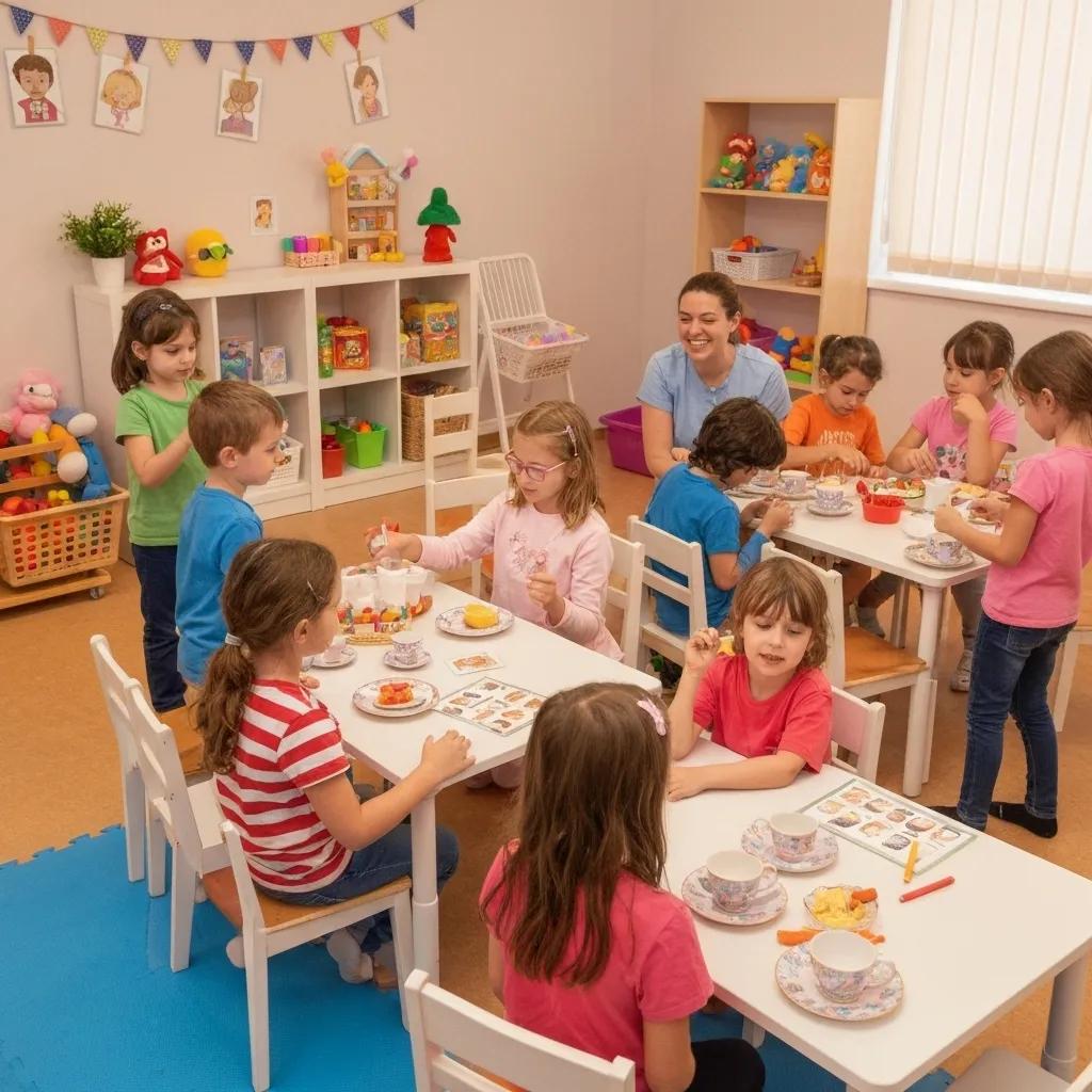 A group of children with autism are shown participating in a social skills training session led by a therapist in a supportive and engaging setting.