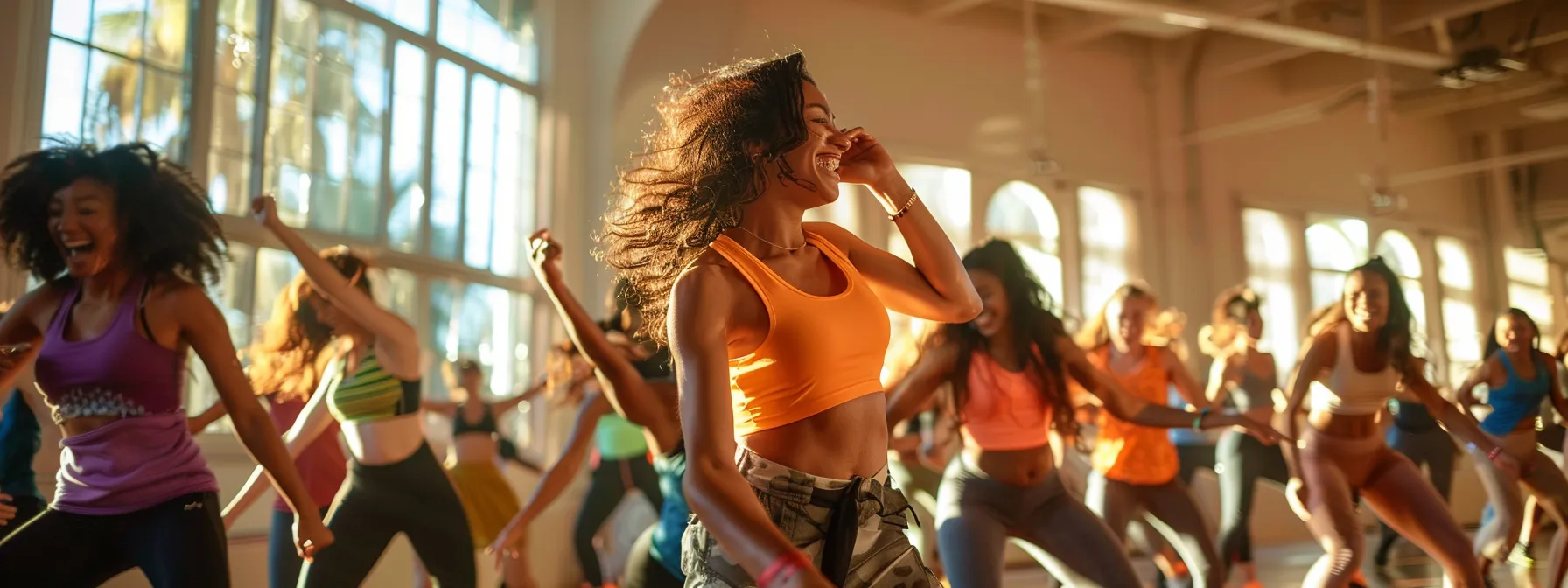 a group of people dancing energetically in a zumba class, moving in unison to latin-inspired music.