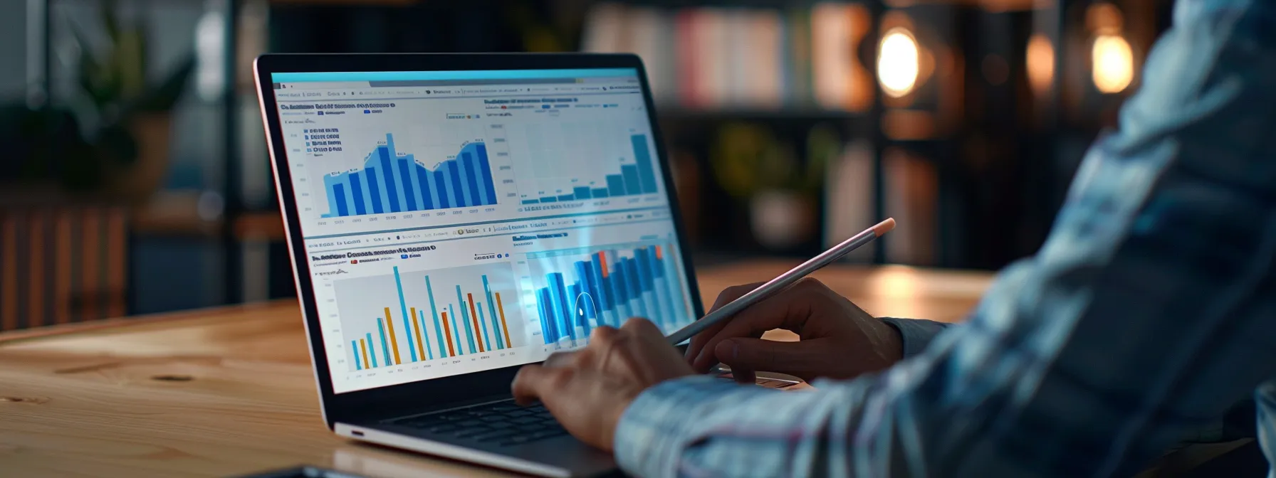 a person analyzing data on a laptop, surrounded by charts and graphs showing seo performance metrics.