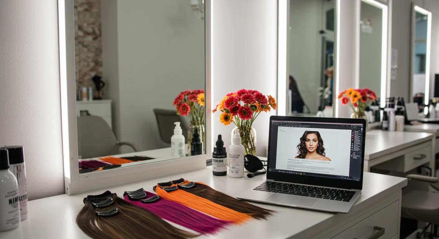 a sleek, modern beauty salon interior features a polished mirror desk with vibrant clip-in hair extensions displayed next to an open laptop showing reviews, emphasizing the focus on durability and styling options in a stylish, well-lit environment.