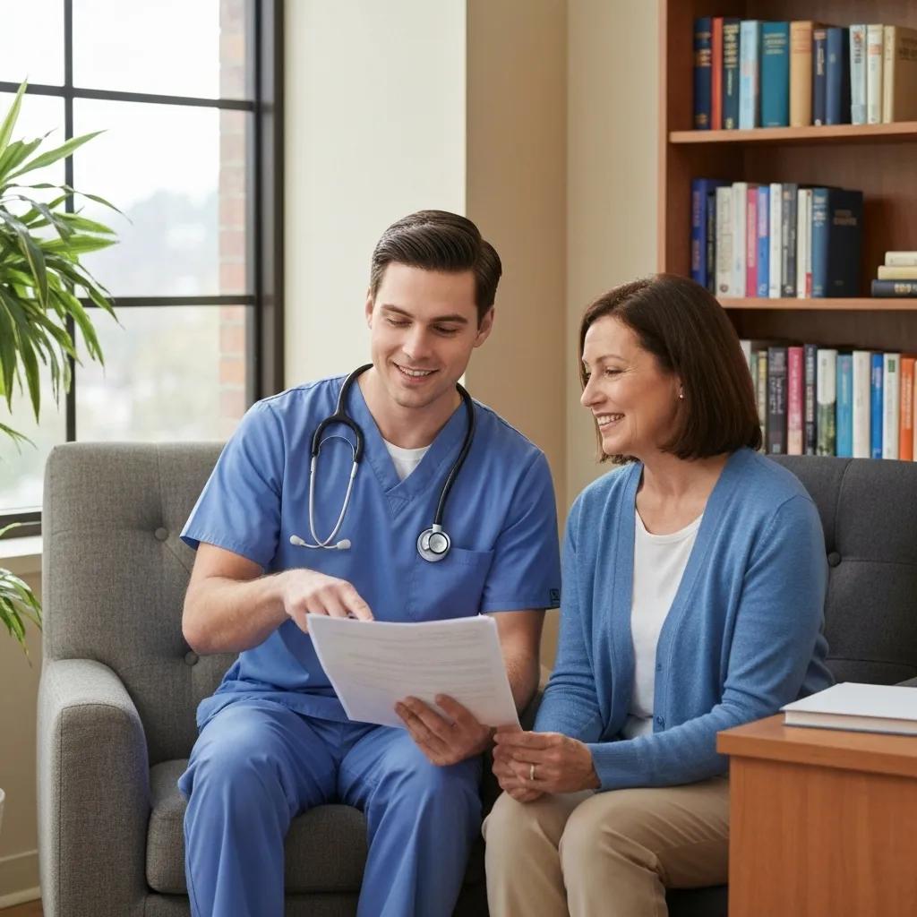 A carer and a family member professionally reviewing a care plan together, underscoring the importance of selecting the right provider
