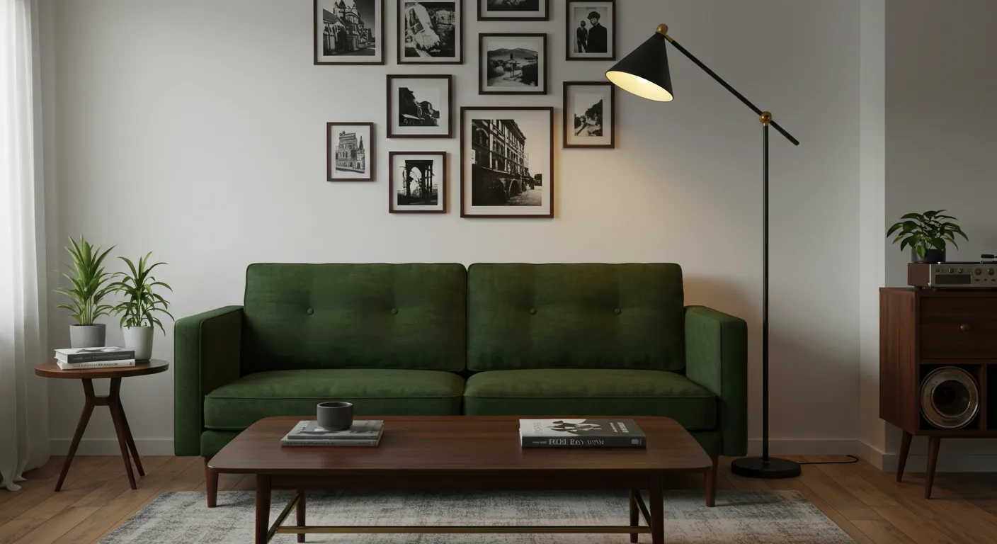 Mid-century modern loveseat in a compact living room with white walls and simple decor.