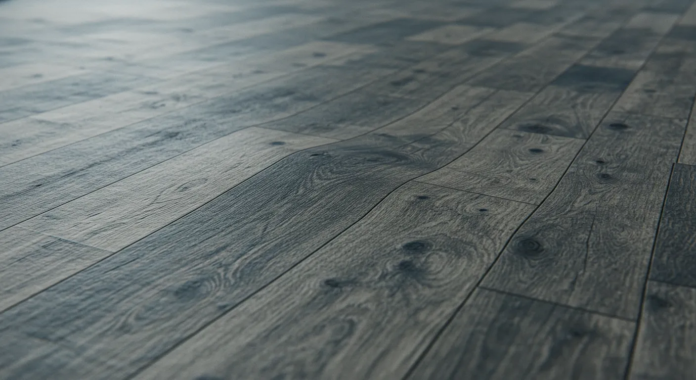 Warped laminate flooring underfoot, showing uneven surface