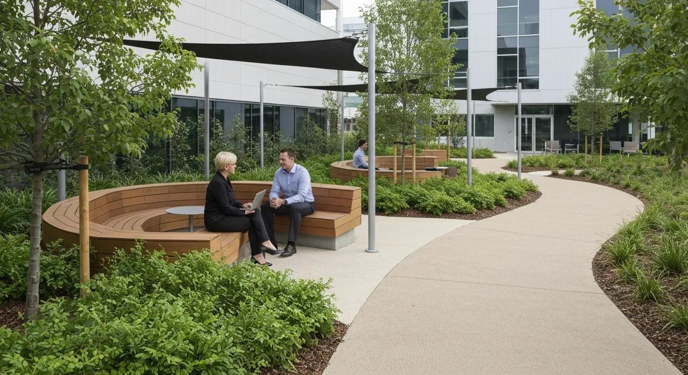 Employees enjoying a landscaped outdoor workspace that boosts morale and client attraction