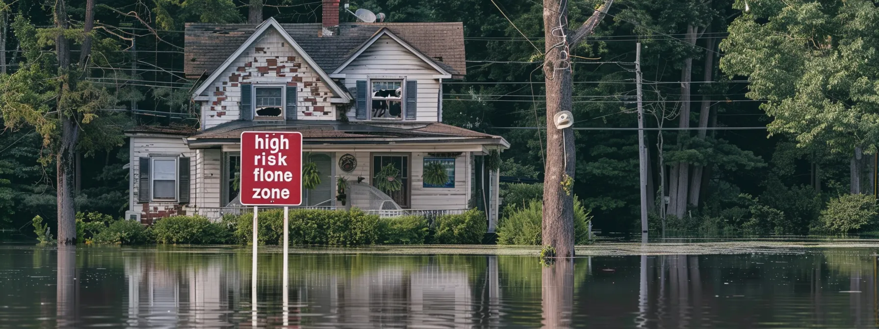 a house surrounded by floodwaters with a red 