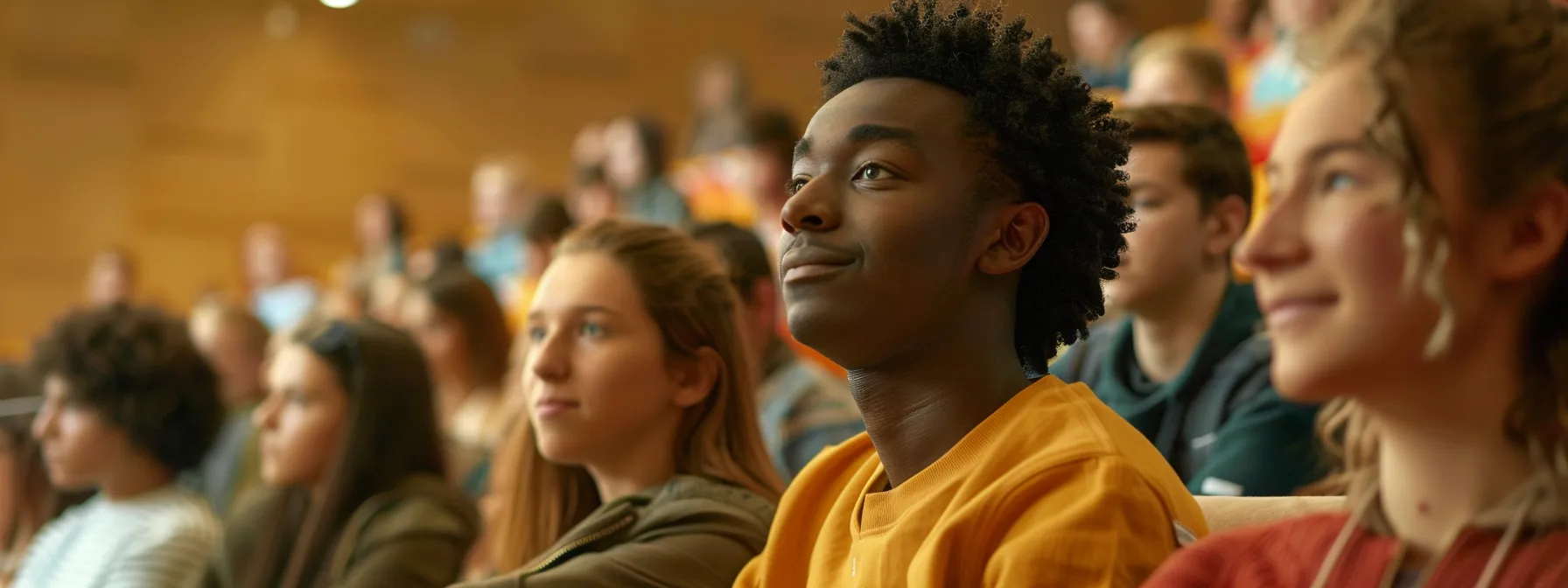 a diverse group of students exploring a wide range of courses in a university lecture hall.