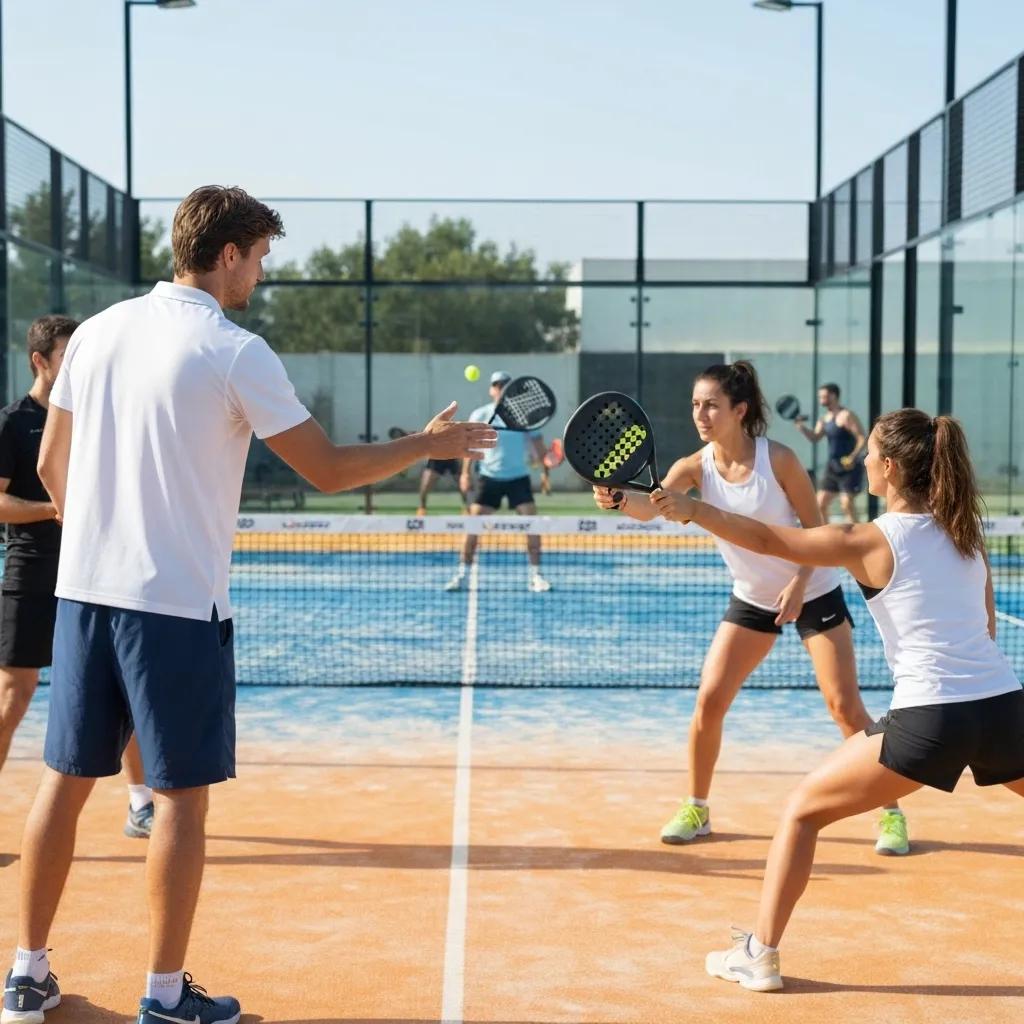 Trainer legt forehand en backhand uit aan beginners tijdens een padeltraining