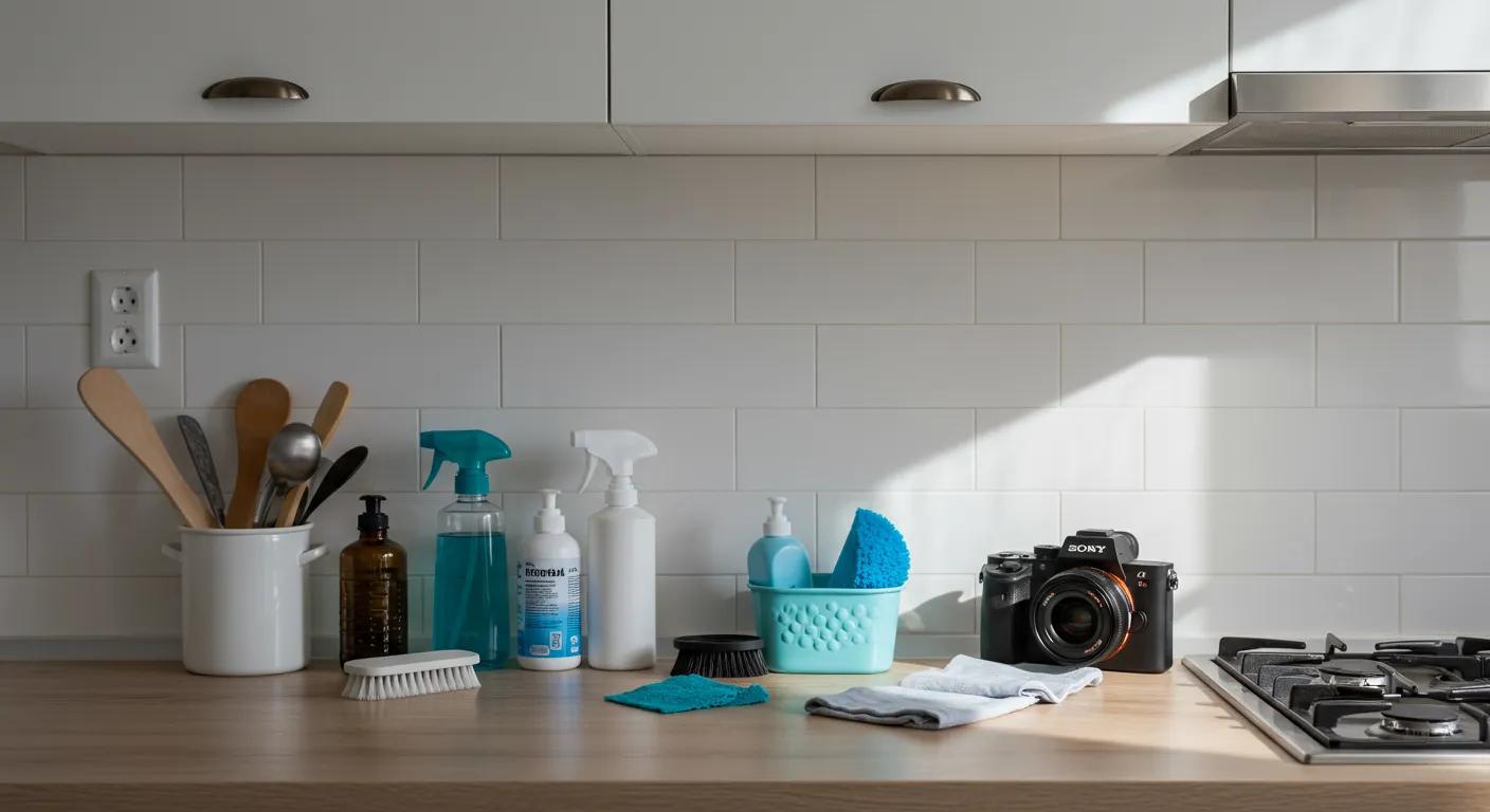 a bright, modern kitchen features sparkling clean grout lines between sleek, white tiles, highlighting essential tools and cleaners arranged neatly on the countertop, embodying the theme of summer cleaning and maintenance.