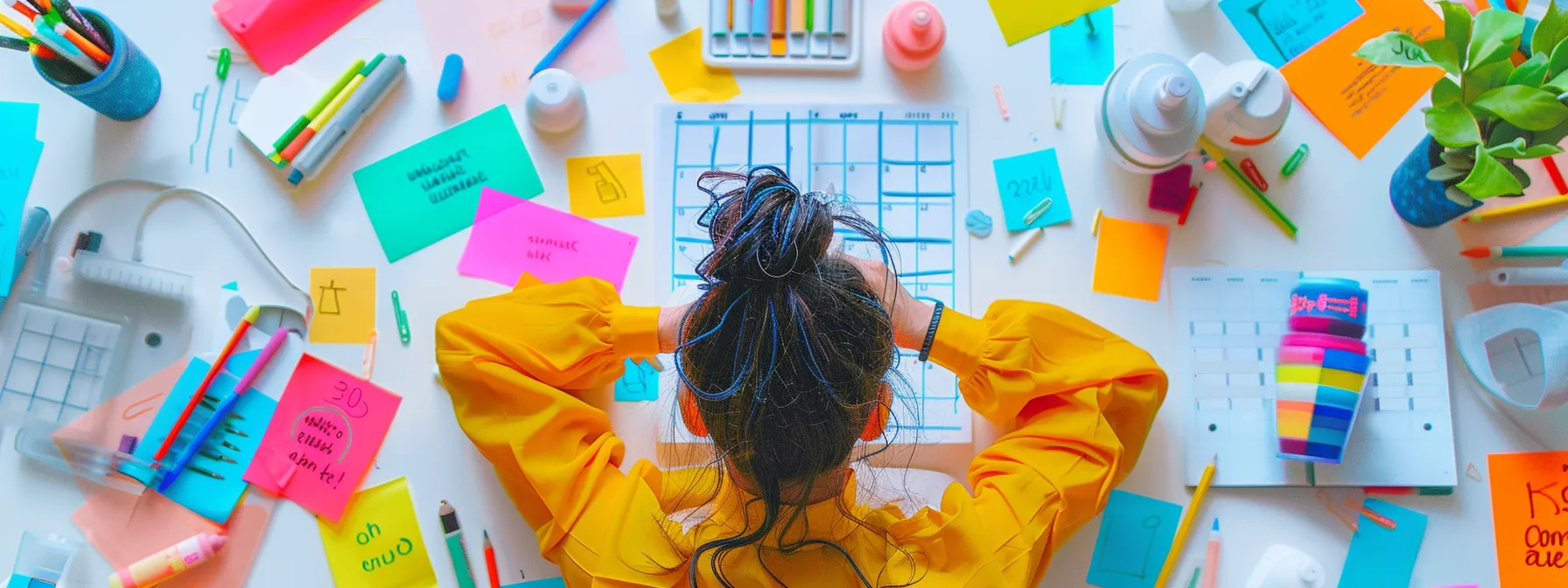 a person surrounded by colorful markers, stickers, and symbols, customizing a june 2025 calendar to create a personalized organizational tool.