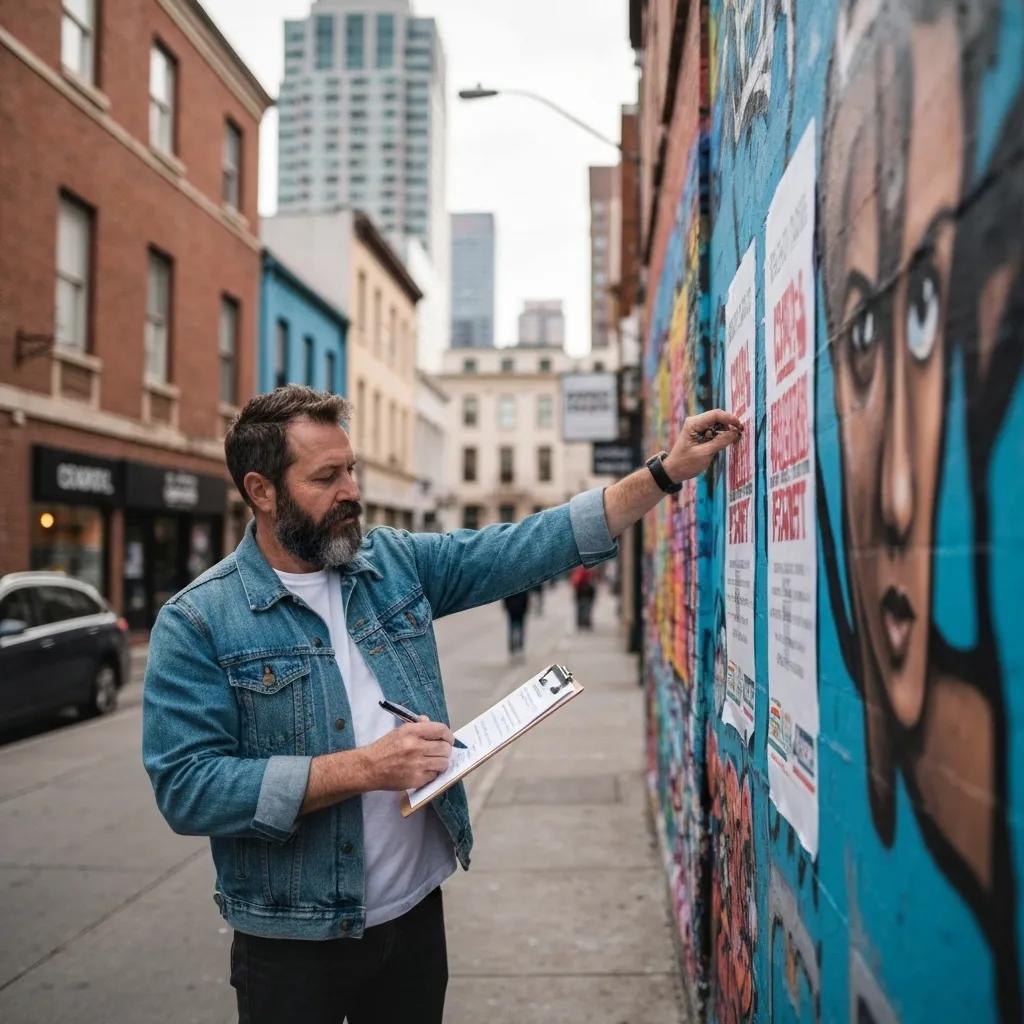 Street artist meticulously applying a poster, with legal permits and regulations subtly visible in the background