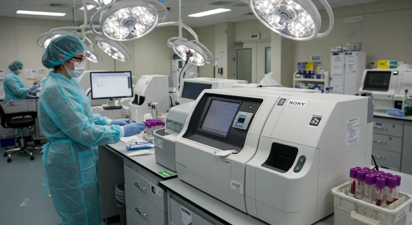 a sterile medical laboratory setting features a row of high-tech blood analysis machines, illuminated by bright, clinical lighting, emphasizing the precise and scientific atmosphere surrounding the mcv blood test process.