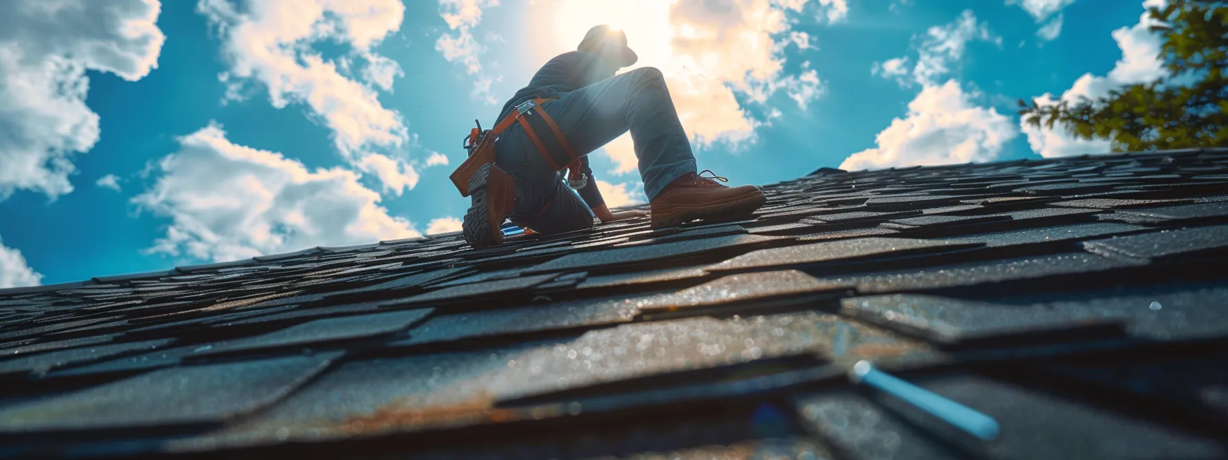 a person repairing a roof on a sunny day.