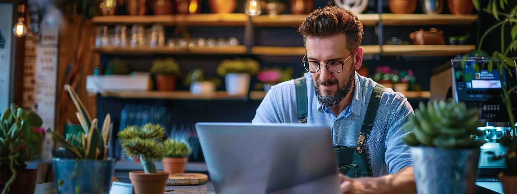 a business owner reading positive online reviews on a laptop screen.