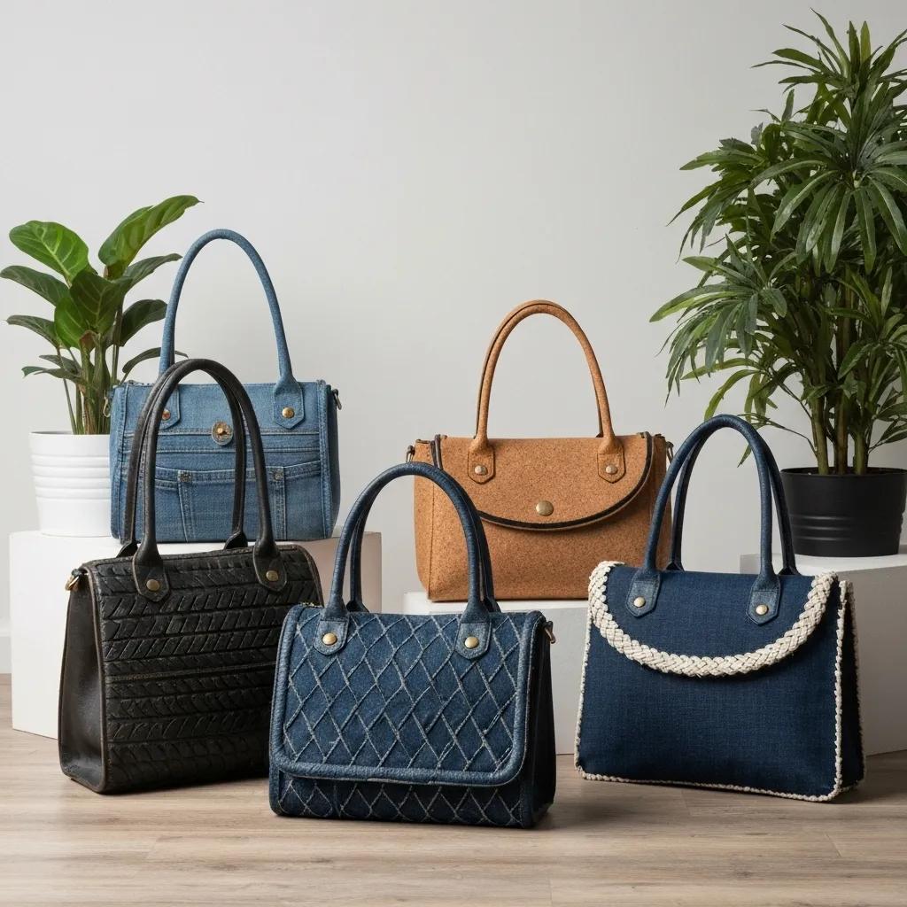 Collection of sustainable handbag materials including cactus leather and Piñatex on a wooden surface