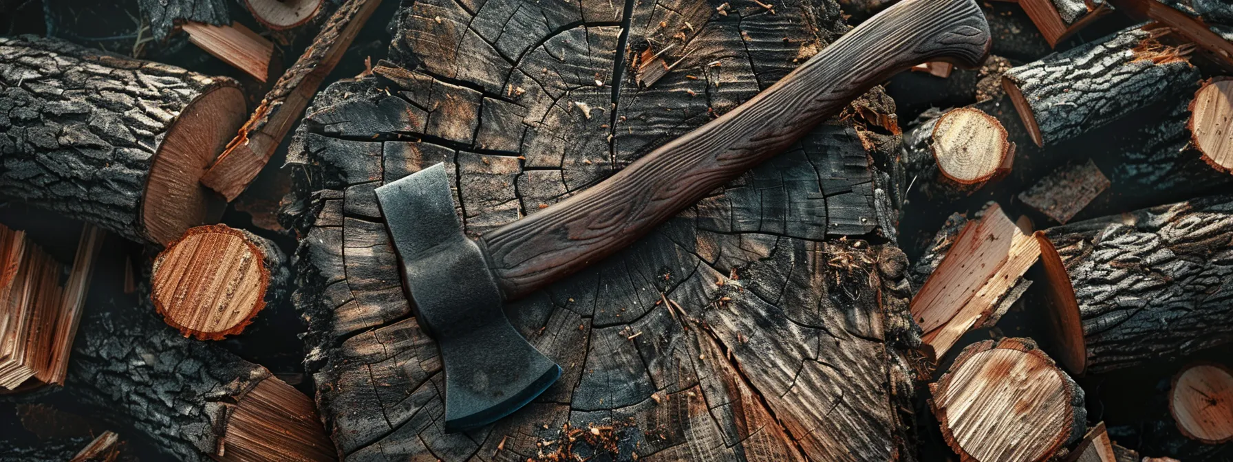 a rustic wooden axe resting against a split log, surrounded by various sizes of wood ready for splitting.