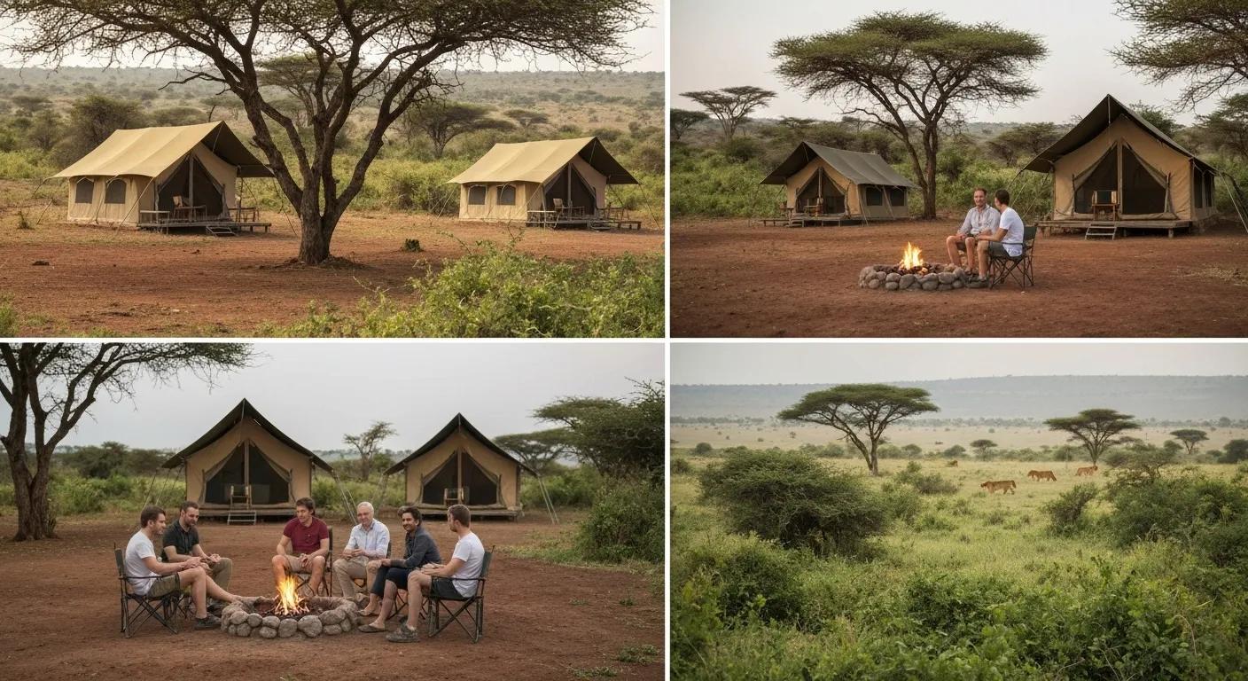 Group of travelers around a campfire in a safari tent setting, Amboseli National Park, showcasing outdoor adventure and nature experience.