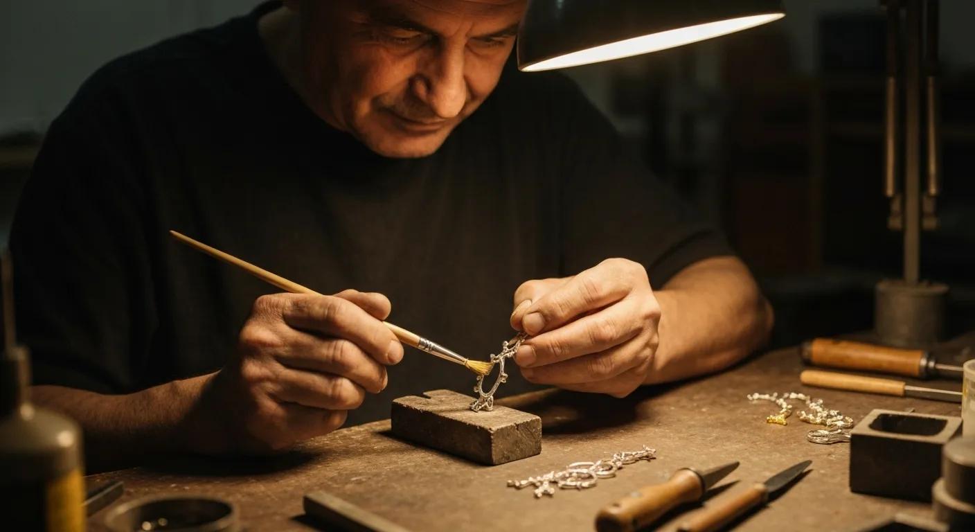 A skilled craftsman carefully applying gold plating to a piece of jewellery, illustrating the meticulous gold plating process.