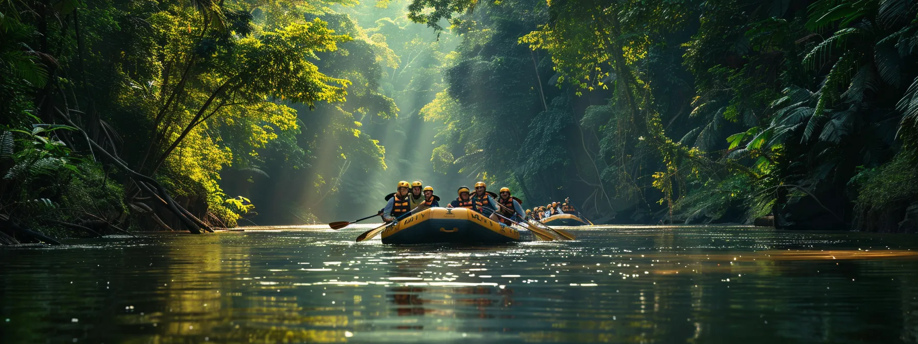 a group of people rafting down a river, surrounded by beautiful nature, learning about the environment and teamwork.