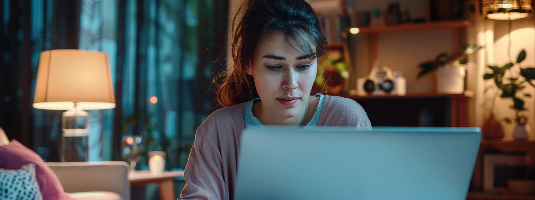 a person looking determined while video chatting with a therapist on a laptop.