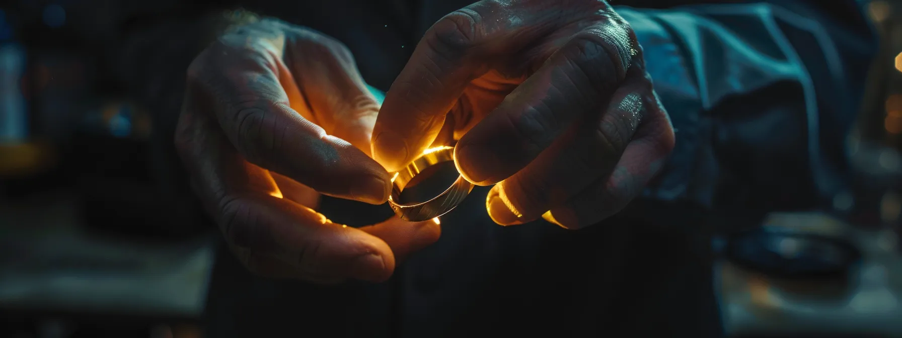 a craftsman carefully selecting unique materials for a minimalist men's wedding ring.