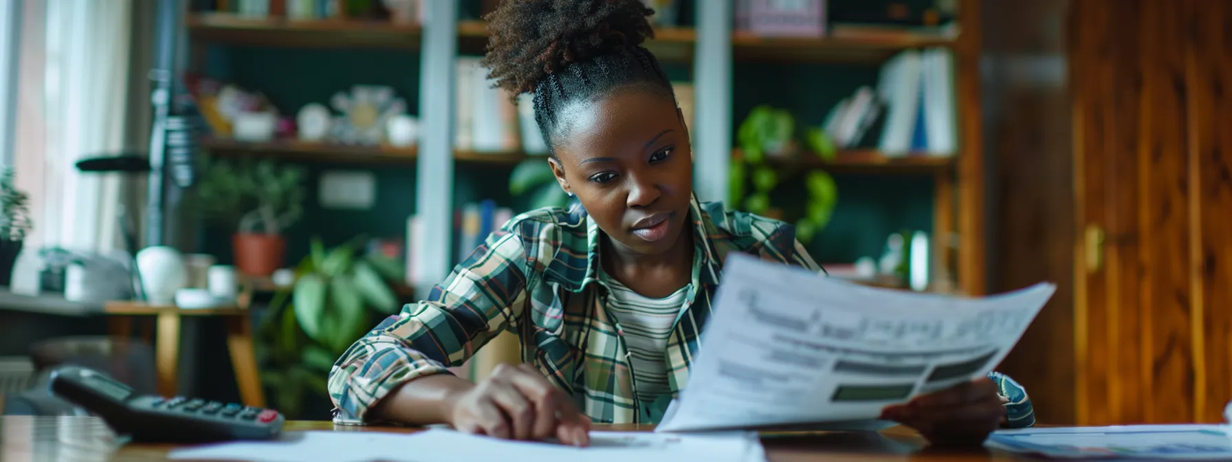 a person diligently reviewing their credit report with a focused expression, surrounded by paperwork and a calculator.