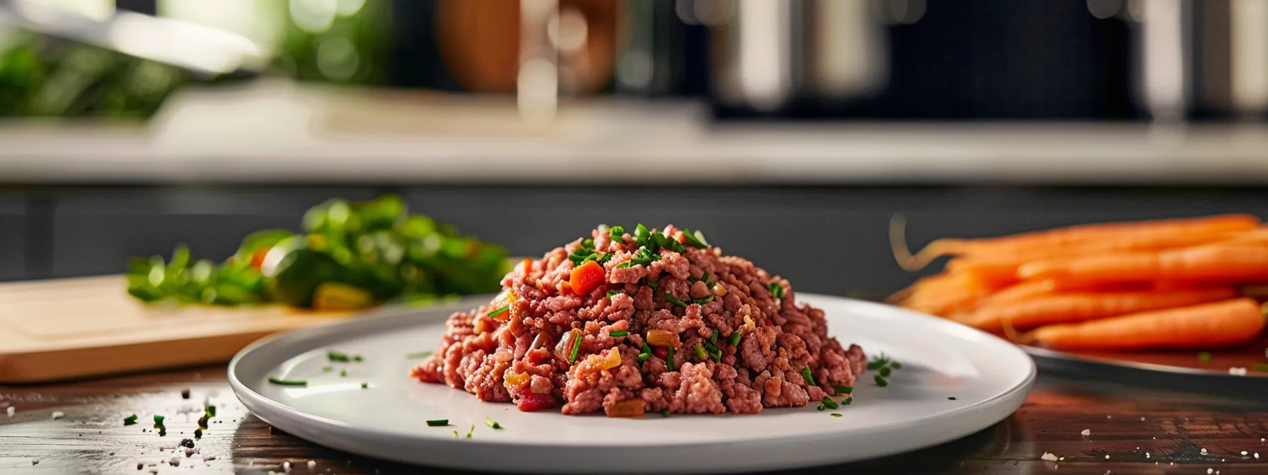 a plate of ground beef with a side of vegetables being prepared in a modern kitchen.