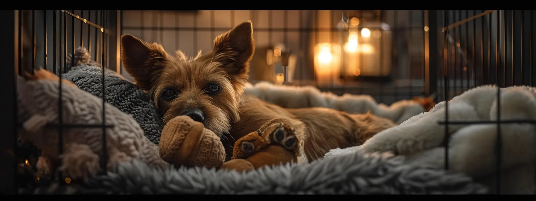 a cozy crate with a plush toy and soft bedding, creating a peaceful and secure environment for a dog.