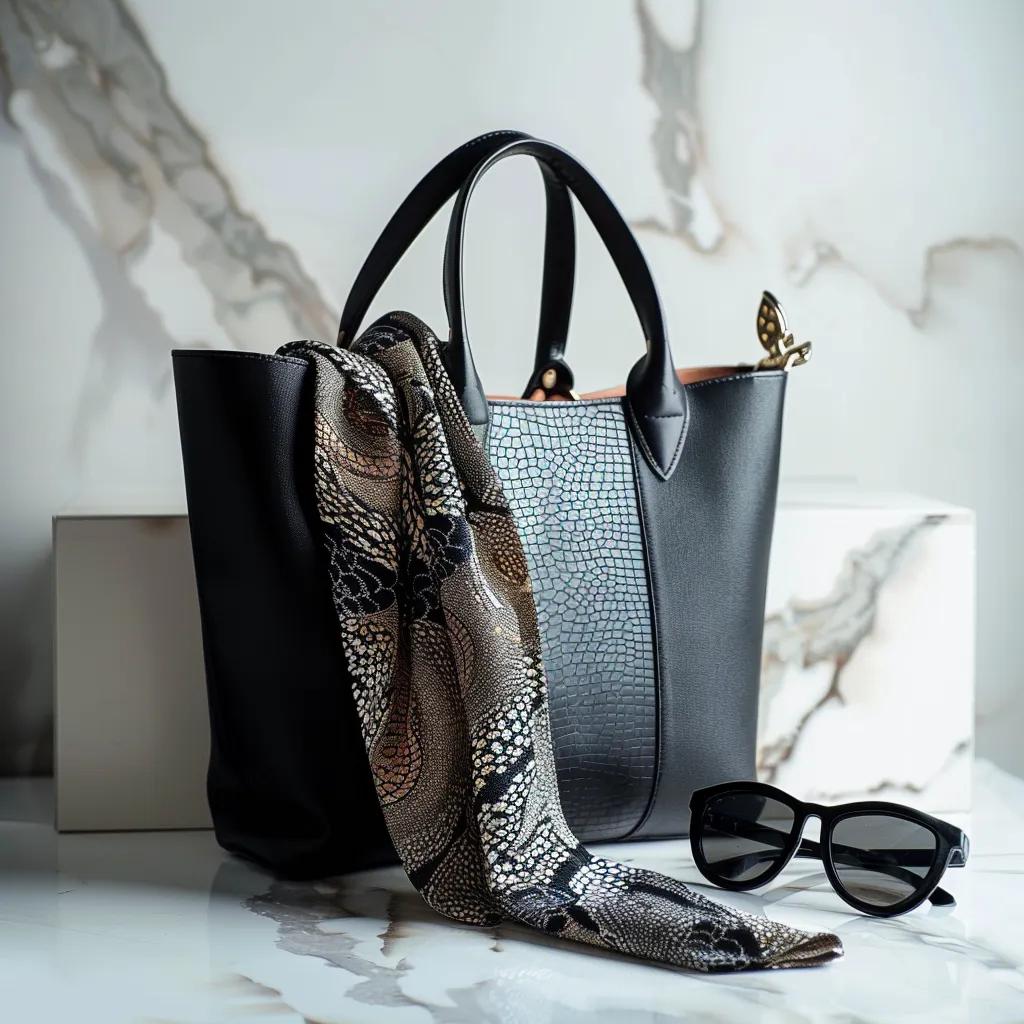 Luxury designer tote handbag on marble surface, showcasing premium craftsmanship and style