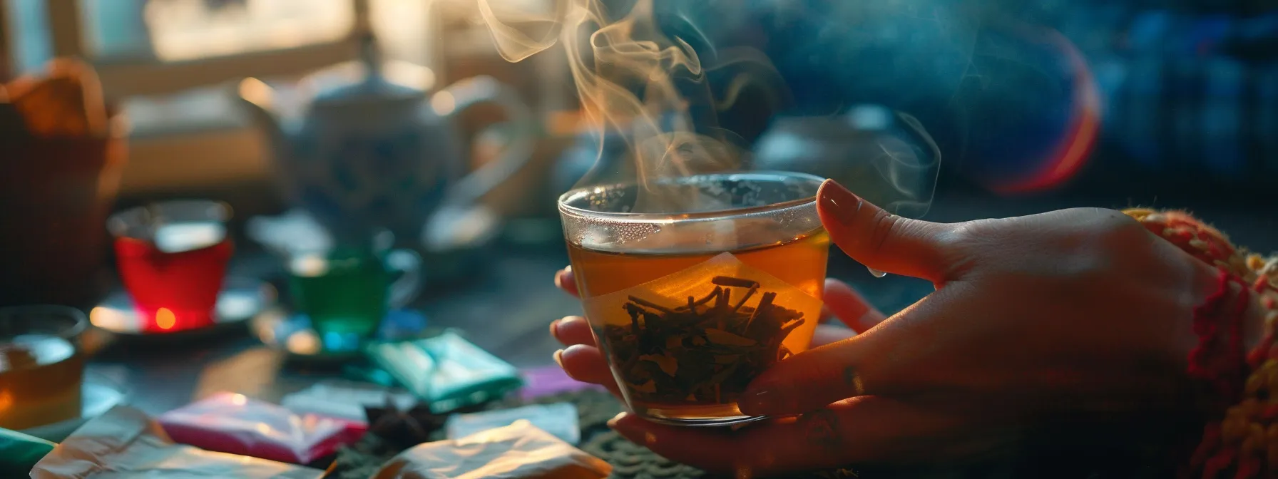 a person holding a steaming cup of herbal tea with various colorful tea bags scattered around them.