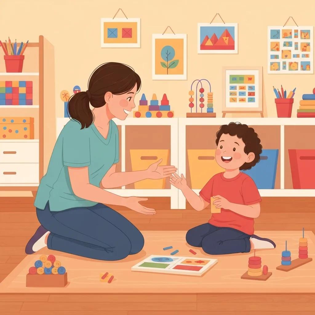 Child with autism engaging in ABA therapy with a therapist in a bright, cheerful room