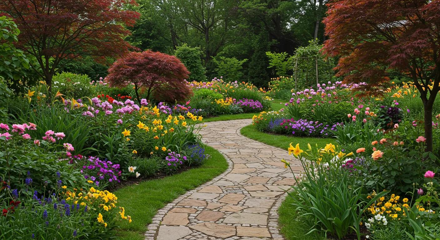 Beautifully landscaped garden with vibrant flowers and stone pathway