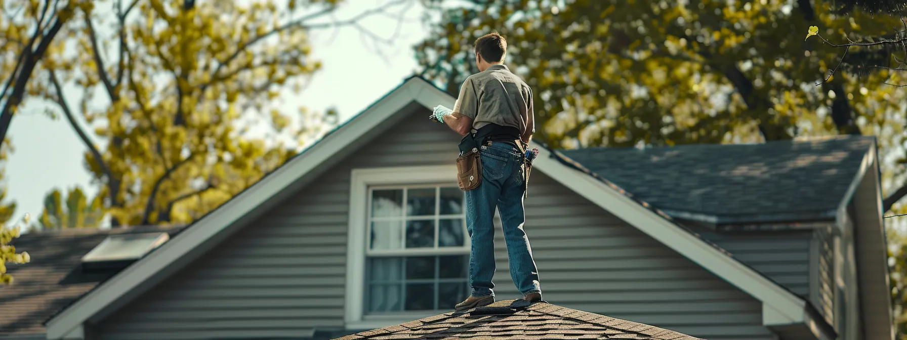 a person discussing financing options with a local roofer in front of a residential building.